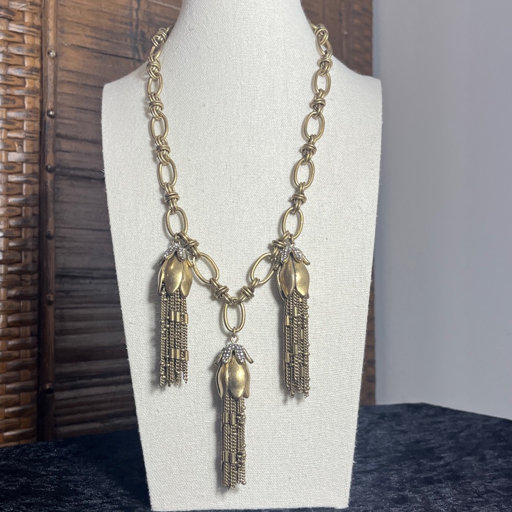 J Crew Vintage Gold Tone Three Floral Rhinestone Tulip Tassels Necklace